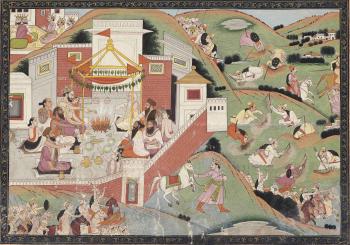 A painting from the Ramayana: Sagara's sons dig the earth for the horse by 
																	 Garhwal School