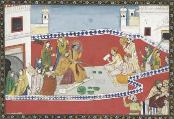 A painting of the marriage of Krishna and Rukmini by 
																	 Garhwal School
