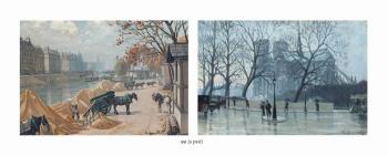 Working horses on the banks of the Seine, Paris; and Walking in the rain before Notre Dame, Paris by 
																	Charles Andre Igounet de Villiers