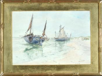 Vor Anker liegende Segelschiffe am Strand by 
																	Edouard Elle