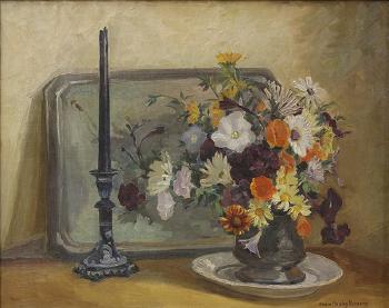 Still life with flowers, candlestick and platter by 
																			Helen Hawley Narozny