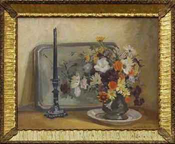 Still life with flowers, candlestick and platter by 
																			Helen Hawley Narozny