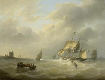 Dreimaster mit Ruderbooten bei stürmischer See by 
																	Christian Cornelis Kannemans