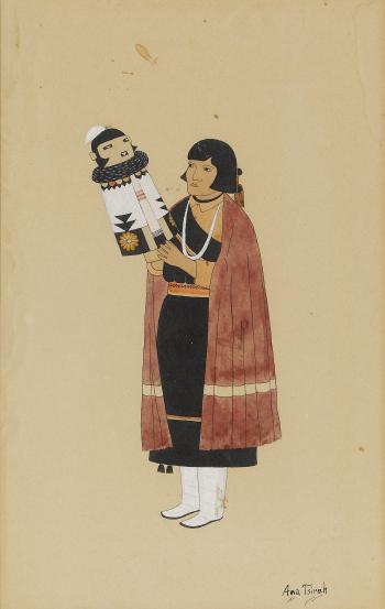 Woman holding a kachina doll and an Antelope Dancer by 
																			Awa Tsireh