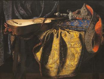 Natura morta con tappeto, cuscino, chitarra e spada by 
																	Carlo Manieri