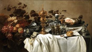 Grande composizione con tralci d'uva, frutta e altri oggetti su tavolo drappeggiato by 
																	Cornelis Kruys