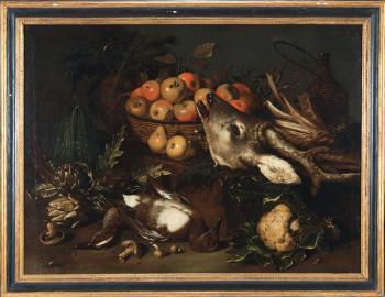 Natura morta con verdura, frutta, funghi, due anatidi e una testa di cervo by 
																	 Pseudo Salini