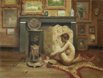 A female nude before a fire by 
																	Ernest de Vleeschouwer