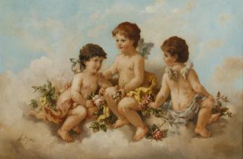 Three cherubs seated on a cloud holding flowers by 
																	Charles Augustus Henry Lutyens