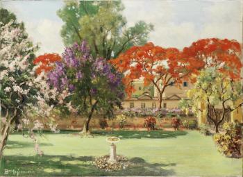 A house in extensive grounds; trees in blossom by a lake by 
																			B Majumdar