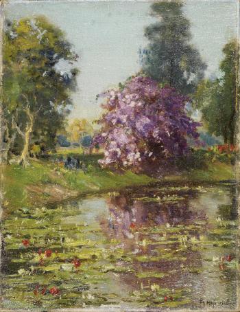 A house in extensive grounds; trees in blossom by a lake by 
																			B Majumdar