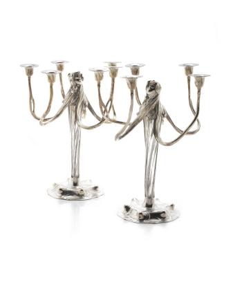 A Stylish Pair of Figural Art Nouveau Plated Metal and Glass Candelabrum by 
																	 Orivit