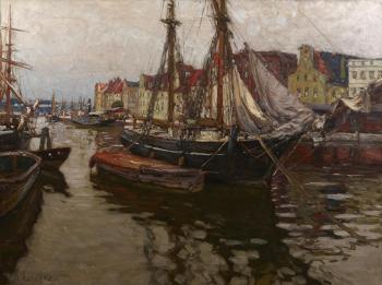 A port scene by 
																	August Eiebakke