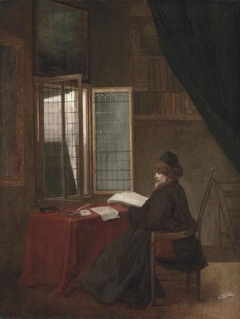 An old man seated at his desk before an open window, holding a book by 
																	Jacob Vrel