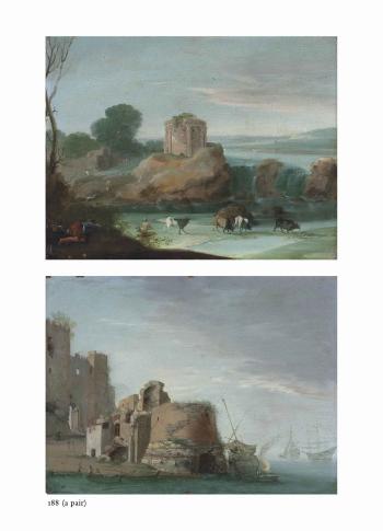 An Italianate landscape with a round, blind colonade temple, drovers with their cattle by cascades; A coastal capriccio with a ruined tower by 
																	Gottfried Wals