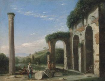 A capriccio of classical ruins with figures conversing in the foreground by 
																	Gottfried Wals