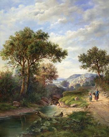 Landscape with figures on a path beside a stream, distant hills by 
																	Eleonore Guinther