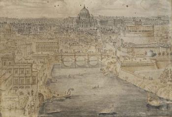 View of Rome with the Ponte Sant' Angelo crossing the Tiber, the Basilica of Saint Peter's in the distance and the Castel Sant' Angelo on the right by 
																	Lieven Cruyl