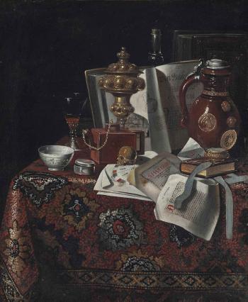 An earthenware jug, manuscripts, books, a teapot, a skull and other objects on a draped table by 
																	 Pseudo-Roestraten