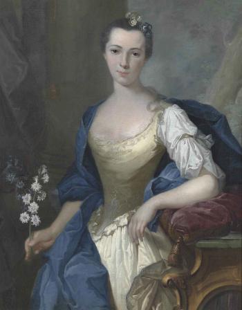 Portrait of a lady in a pale yellow embroidered dress and blue wrap, holding white flowers, leaning on a red velvet cushion, before a draped curtain by 
																	Joachim Rupalley