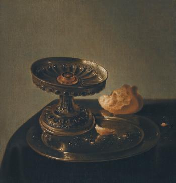 Still Life With a Tazza And Bread Roll On a Pewter Plate On a Draped Ledge by 
																	Jan Jansz den Uyl