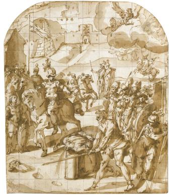 The Martyrdom Of Saint Paul, The Porta San Paolo Beyond With The Arms Of Pius V (1566-1572) And The Pyramid Of Caius Cestius In The Background by 
																	Avanzino Nucci