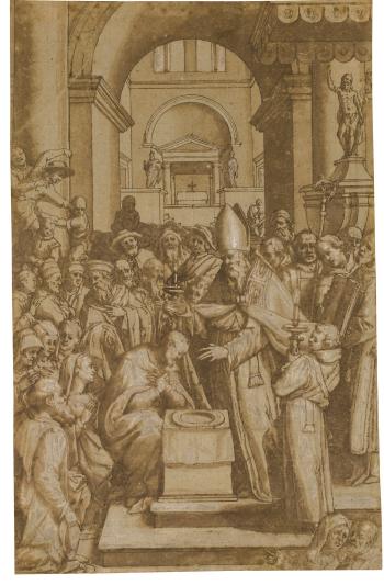 A Bishop Baptizing a Bearded Man In a Church, In The Presence Of a Crowd by 
																	Nicolo Trometta