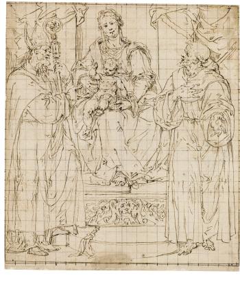 The Virgin And Child Enthroned, Flanked By St. Ambrose And St. Francis by 
																	Aurelio Luini