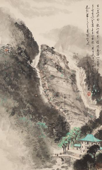 A rocky landscape with a river valley and house by 
																	 Zhang Renzhi