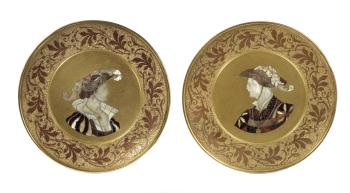 A pair of inlaid decorative plates by 
																	 J P Kayser & Sohn