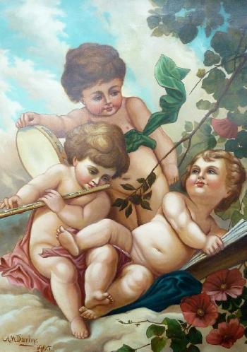 Three musical cherubs by 
																	Alfred W Darby