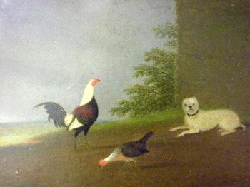 Pair of Landscapes with a Water Spaniel, Terrier, Cocks and a Pigeon by 
																	George B Newmarch