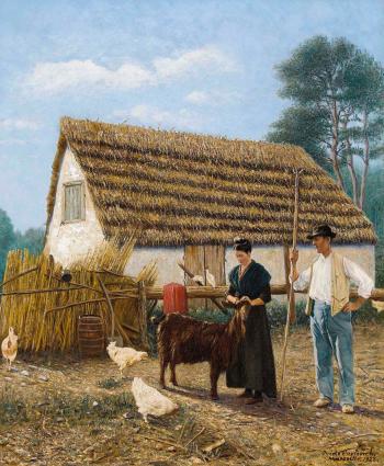 Bauernpaar vor reetgedeckter Hütte by 
																	Ovide Curtovich