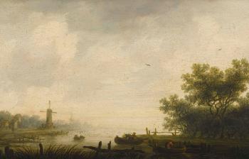 Flusslandschaft mit Ruderbooten und Windmühle by 
																	Pieter Nolpe