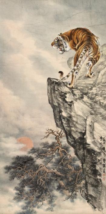 Tiger on a rock and a rising sun above pines by 
																	 Zeng Jianqing