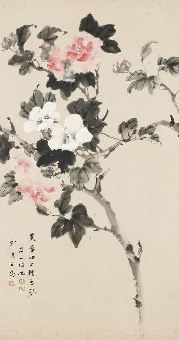 Hibiscus flowers. Ink and light colours on paper by 
																	 Jiang Ruyao