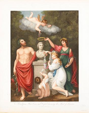 Esculapius, Flora, Ceres and Cupid honouring the Bust of Linnaeus by 
																	James Caldwall