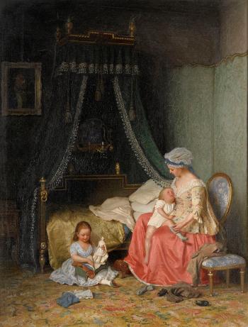 Sängkammarinteriör med mor och barn by 
																			Gottfrid Virgin