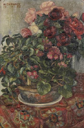 Stilleben Mit Blumentopf Und Vase Mit Rosen by 
																	Heinrich Zernack