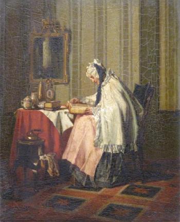 A lady seated in an interior, reading by 
																	Alexander Hugo Bakker-Korff