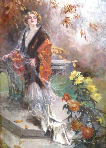 A lady seated in an autumnal garden by 
																	Richard Pannet