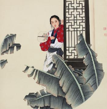 Lady with round fan by 
																	 Wang Meifang