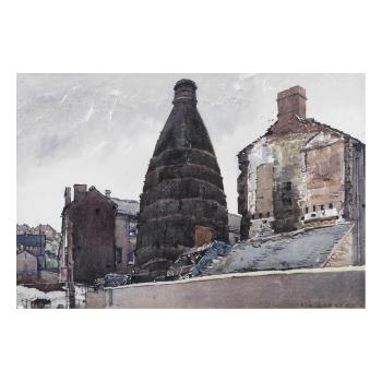 Two watercolours of bottle ovens by 
																			Reginald Haggar