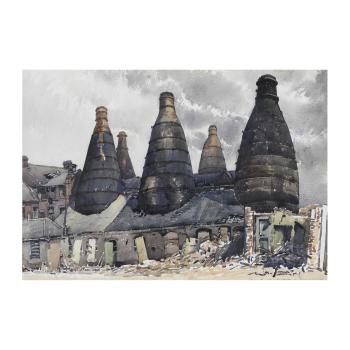 Two watercolours of bottle ovens by 
																			Reginald Haggar