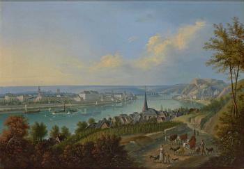 Blick von der Höhe auf Koblenz und Ehrenbreitstein, im Vordergrund Paffendorf mit der Pfarrkirche by 
																	Johann Baptist Bachta