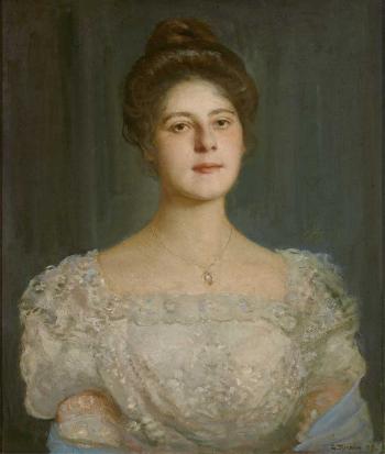 Portrait einer jungen Dame im weißen Spitzenkleid by 
																	Georg Tyrahn