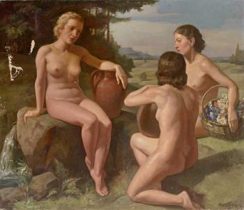 Drei weibliche Akte in sommerlicher Landschaft by 
																	Ivo Saliger
