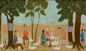 Picknickende Gesellschaft zwischen Schwänen am Ufer eines Sees by 
																	Alice Jacqueline Jaquet