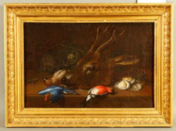 Still life with deer, birds, and oyster by 
																			Johann Adalbert Angermayer