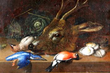 Still life with deer, birds, and oyster by 
																			Johann Adalbert Angermayer